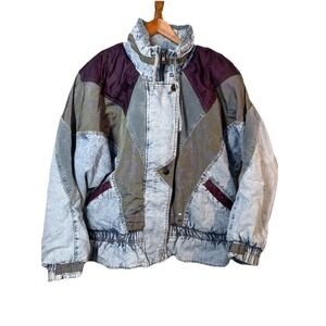 Vintage 90s NY Girl Acid Wash Denim Jacket Med Zip Buttons Pockets Drawstring